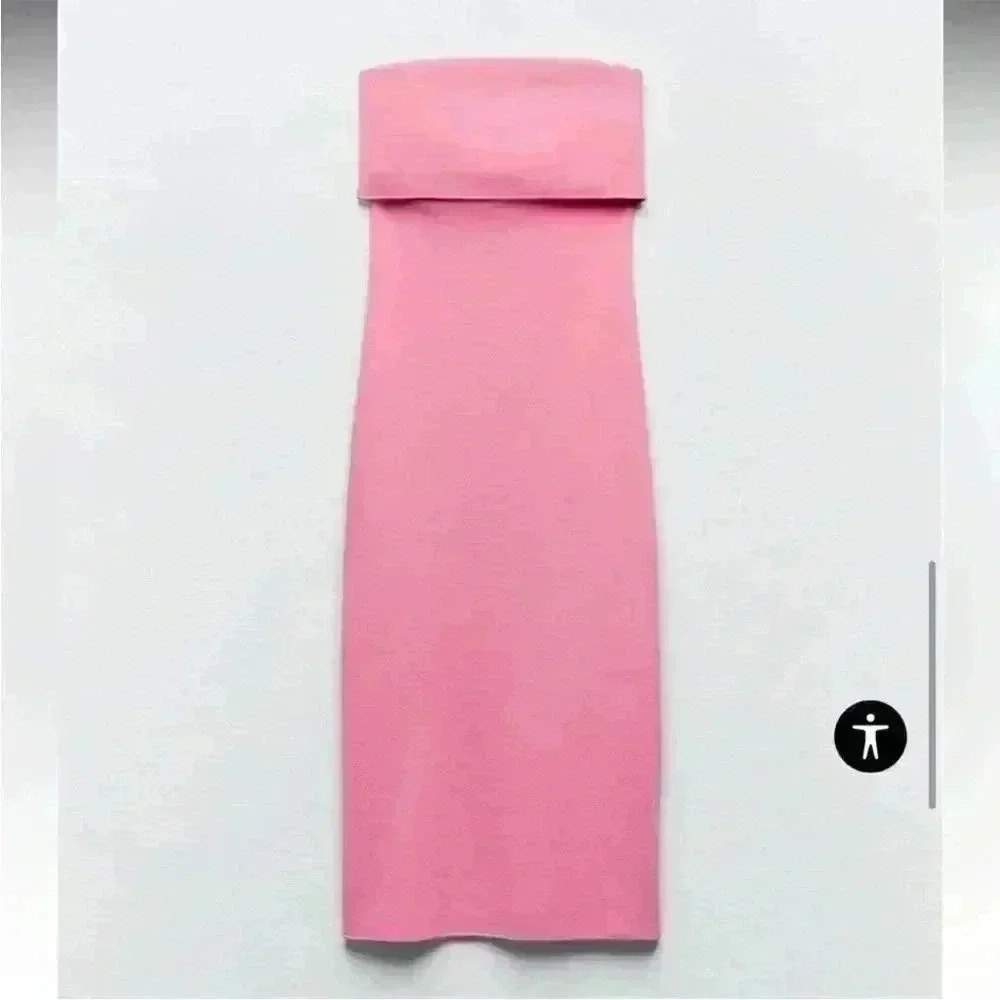 STRAPLESS STRETCH KNIT DRESS HOT PINK - Picture 2 of 6